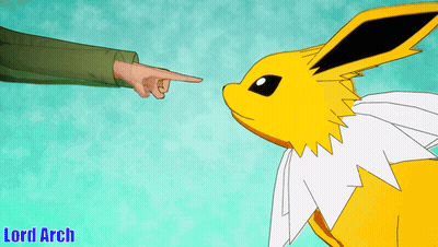 A Cartoon Of A Person Pointing At A Yellow Eevee With The Name Lord Arch Below It GIF
