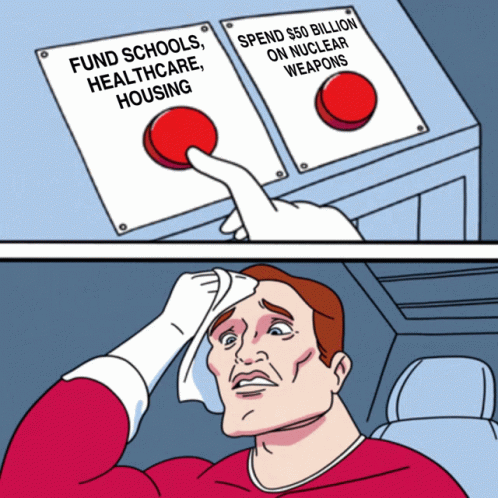 A Cartoon Of A Person Pressing A Button That Says Fund Schools Healthcare Housing GIF