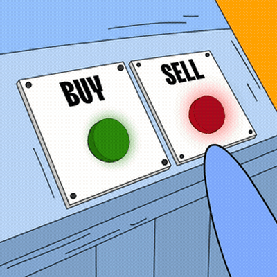 A Cartoon Of A Person Pressing A Buy And Sell Button GIF