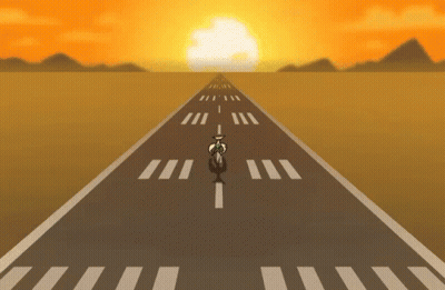A Cartoon Of A Person Riding A Bike On A Road With A Sunset In The Background GIF