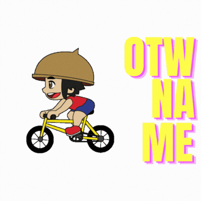 A Cartoon Of A Person Riding A Bike With The Words Otw Na Me Written Below Them GIF