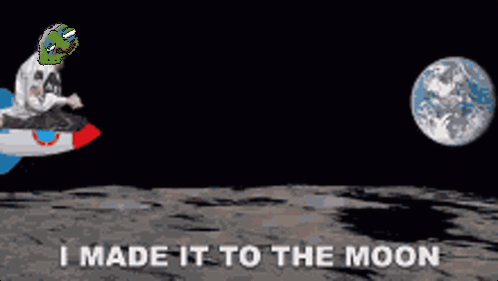A Cartoon Of A Person Riding A Rocket With The Words I Made It To The Moon GIF