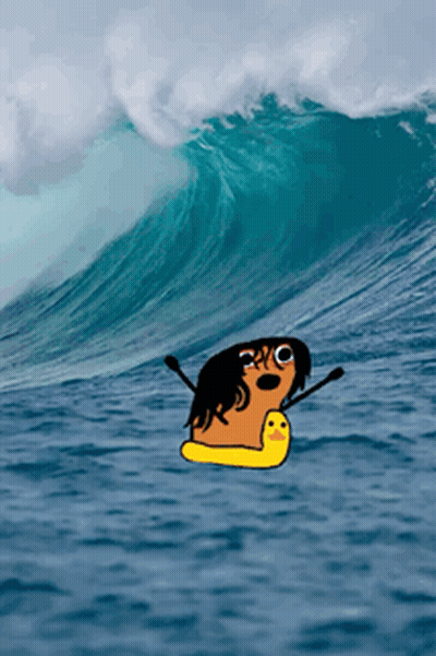 A Cartoon Of A Person Riding A Wave With A Yellow Rubber Duck GIF