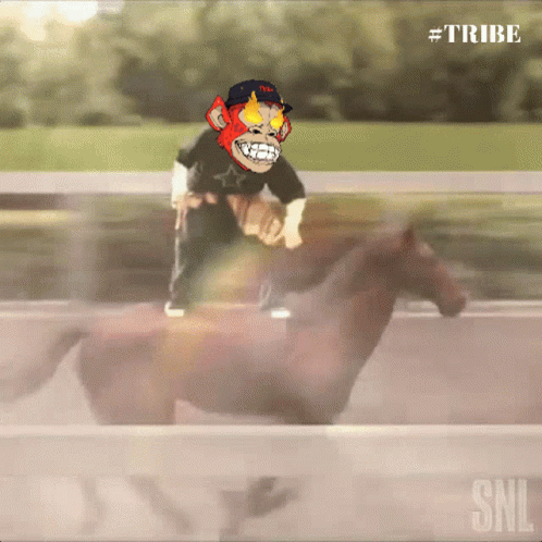 A Cartoon Of A Person Riding On The Back Of A Horse With The Snl Logo In The Background GIF