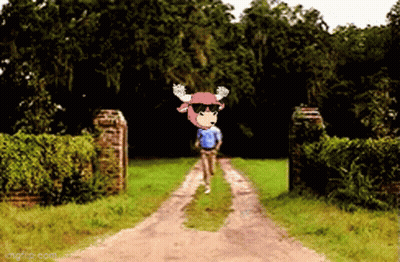 A Cartoon Of A Person Running Down A Dirt Road GIF