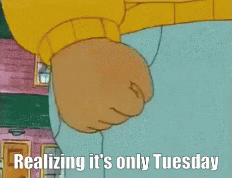 A Cartoon Of A Person 'S Fist With The Words Realizing It 'S Only Tuesday Written Below It GIF