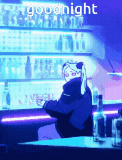 A Cartoon Of A Person Sitting At A Bar With The Words Goodnight Above Them GIF