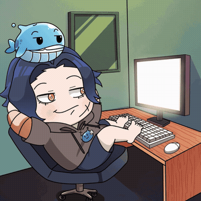 A Cartoon Of A Person Sitting At A Desk With A Whale On Her Head GIF