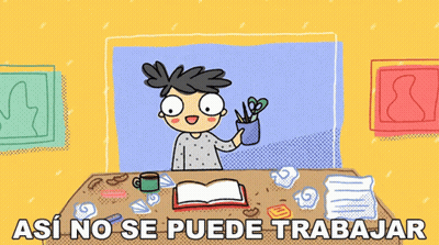 A Cartoon Of A Person Sitting At A Desk With The Words " Así No Se Puede Trabajar " Written Below Them GIF