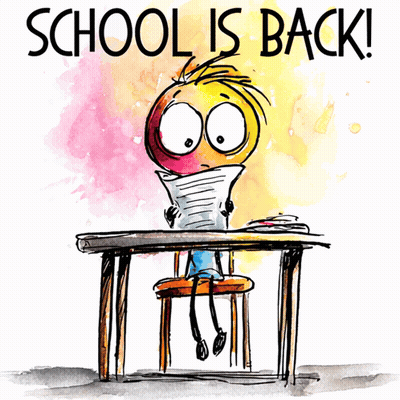 A Cartoon Of A Person Sitting At A Desk With The Words School Is Back Written On The Bottom GIF