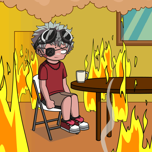 A Cartoon Of A Person Sitting At A Table With Flames Coming Out Of It GIF
