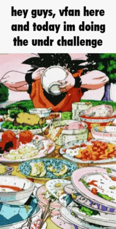 A Cartoon Of A Person Sitting At A Table With Plates Of Food And A Caption That Says Hey Guys Vfan Here GIF