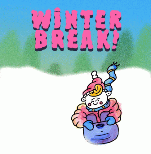 A Cartoon Of A Person Sledding Down A Snowy Hill With The Words Winter Break Written Above Them GIF