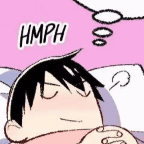 A Cartoon Of A Person Sleeping With A Speech Bubble Above Their Head That Says `` Hmph '' . GIF