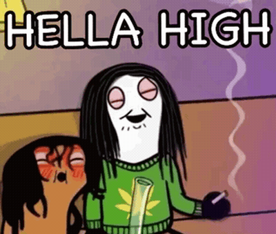 A Cartoon Of A Person Smoking A Bong With The Words `` Hella High '' Written Above Them . GIF