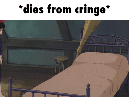 A Cartoon Of A Person Standing Next To A Bed With The Caption * Dies From Cringe * GIF