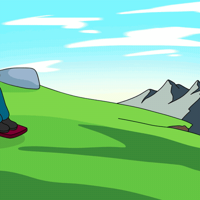 A Cartoon Of A Person Standing On Top Of A Grassy Hill With Mountains In The Background GIF