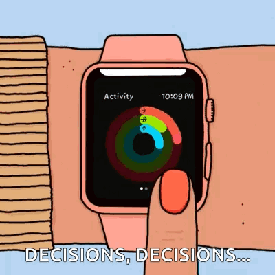 A Cartoon Of A Person Using An Apple Watch With The Words Decisions Decisions Written On The Bottom GIF