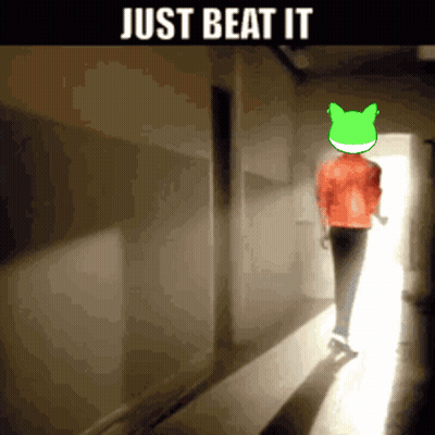 A Cartoon Of A Person Walking Down A Hallway With The Words Just Beat It On The Bottom GIF