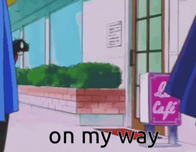 A Cartoon Of A Person Walking In Front Of A Cafe Sign GIF