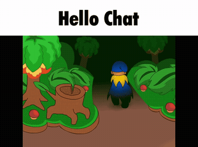 A Cartoon Of A Person Walking Through A Forest With The Words Hello Chat Above Them GIF