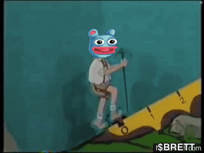 A Cartoon Of A Person Walking Up A Yellow Staircase With A Blue Bear On His Head GIF