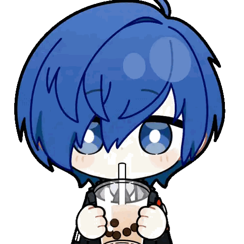 A Cartoon Of A Person With Blue Hair Drinking From A Cup Sticker