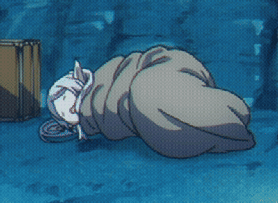 A Cartoon Of A Person Wrapped In A Blanket With A Box In The Background GIF