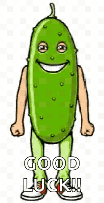 A Cartoon Of A Pickle With Arms And Legs And The Words Good Luck Written Below It . GIF