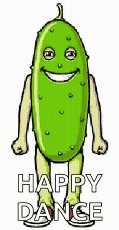 A Cartoon Of A Pickle With Arms And Legs And The Words `` Happy Dance '' Below It . GIF
