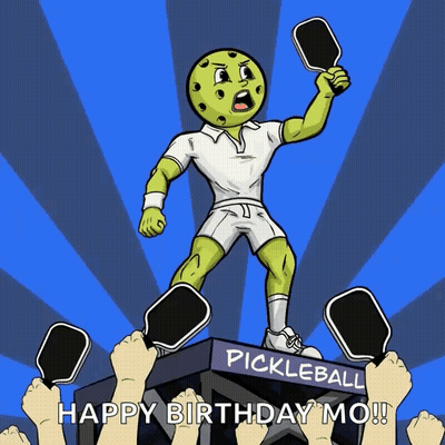 A Cartoon Of A Pickleball Player With The Words Happy Birthday Mo GIF