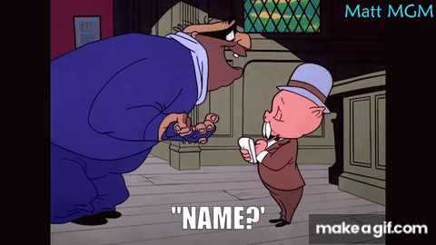 A Cartoon Of A Pig Asking A Man For His Name GIF