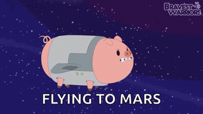 A Cartoon Of A Pig Flying To Mars With Bravest Warriors In The Background GIF