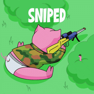 A Cartoon Of A Pig In A Diaper Holding A Rifle With The Word Sniped Above It GIF