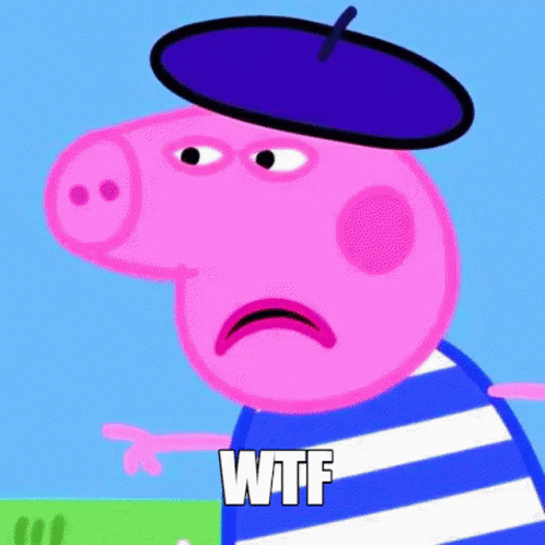 A Cartoon Of A Pig Wearing A Purple Hat And A Striped Shirt With The Words Wtf Written On It GIF