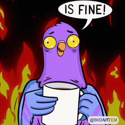 A Cartoon Of A Pigeon Holding A Cup Of Coffee With A Speech Bubble That Says Is Fine GIF