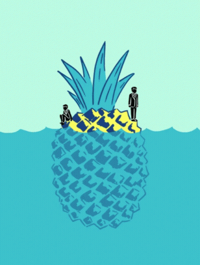 A Cartoon Of A Pineapple In The Ocean With Two Men Standing On It GIF