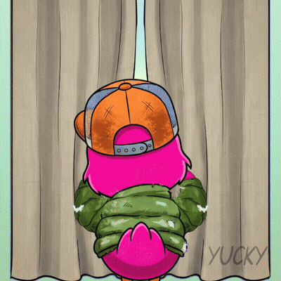 A Cartoon Of A Pink Bird Wearing An Orange Hat And A Green Jacket Is Behind A Curtain That Says Yucky GIF