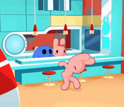 A Cartoon Of A Pink Bunny And A Blue Monster Standing In A Kitchen GIF