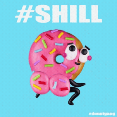 A Cartoon Of A Pink Donut With Sprinkles And The Words #Shill GIF