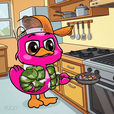 A Cartoon Of A Pink Duck Cooking In A Kitchen With The Word Yucky Below It GIF