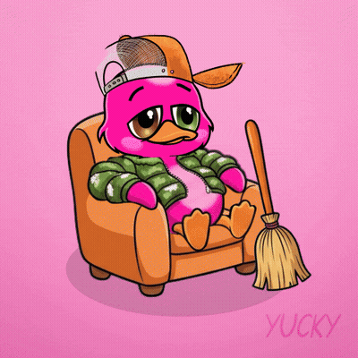 A Cartoon Of A Pink Duck Holding A Broom With The Name Yucky Underneath It GIF