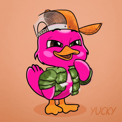 A Cartoon Of A Pink Duck Wearing A Hat And Jacket With The Name Yucky Below It GIF