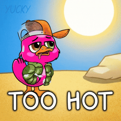 A Cartoon Of A Pink Duck Wearing A Hat And Sweater Says Too Hot GIF
