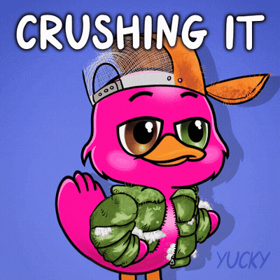 A Cartoon Of A Pink Duck With The Words " Crushing It " Written Above It GIF