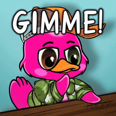 A Cartoon Of A Pink Duck With The Words Gimme On It GIF
