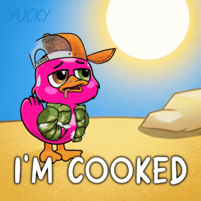 A Cartoon Of A Pink Duck With The Words I 'M Cooked GIF