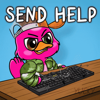 A Cartoon Of A Pink Flamingo Sitting At A Desk With A Keyboard And The Words Send Help Above It GIF
