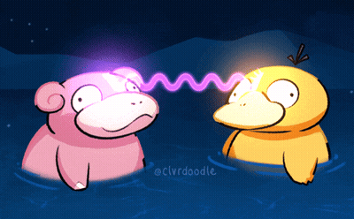A Cartoon Of A Pink Monkey And A Yellow Duck With A Purple Light Coming Out Of Their Eyes GIF