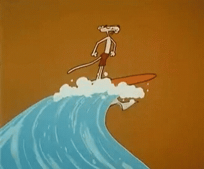A Cartoon Of A Pink Panther Surfing A Wave GIF